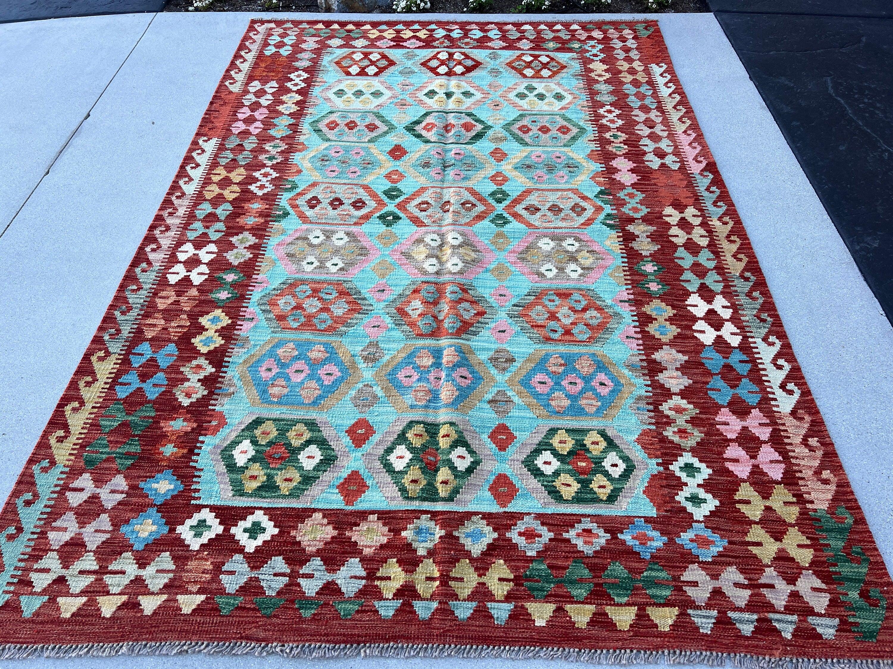 6x9 (180x275) Handmade Afghan Kilim Rug | Turquoise Brick Red Burnt Orange Pine Green Grey Salmon Pink Prussian Blue Taupe Chocolate Ivory