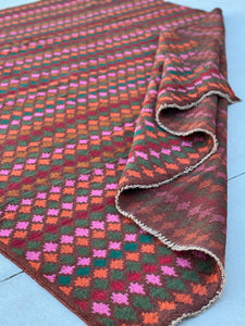 7x10 (215x305) Handmade Vintage Baluch Afghan Rug | Purple Mauve Auburn Chocolate Rose Pink Orange Pine Moss Green Taupe | Geometric Wool