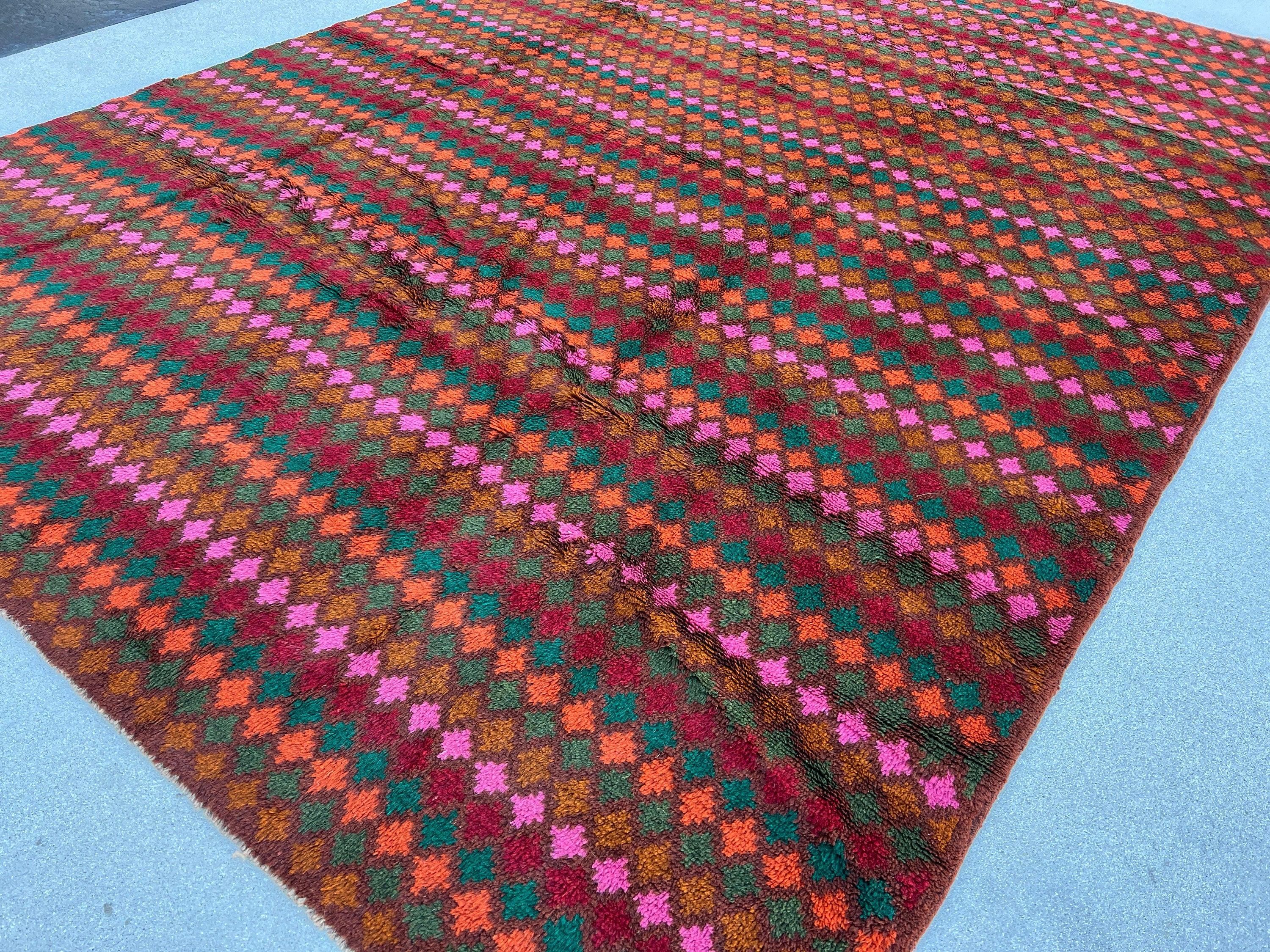 7x10 (215x305) Handmade Vintage Baluch Afghan Rug | Purple Mauve Auburn Chocolate Rose Pink Orange Pine Moss Green Taupe | Geometric Wool