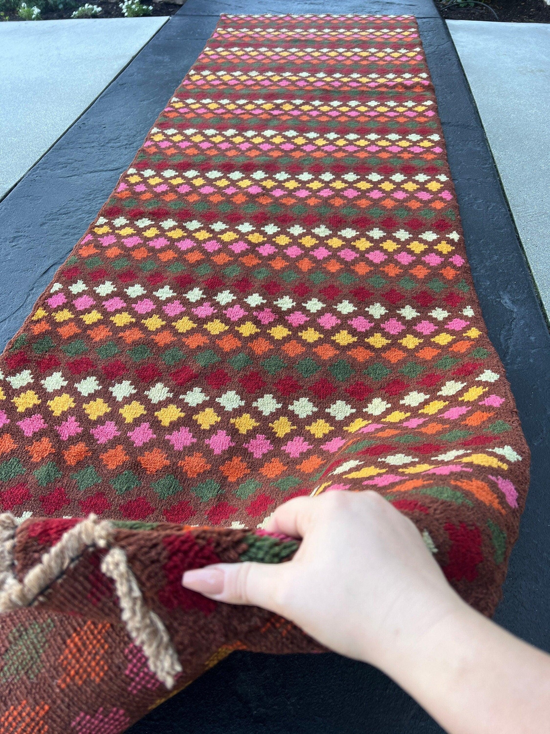 3x10 Handmade Vintage Baluch Afghan Runner Rug | Purple Mauve Auburn Chocolate Pine Blush Pink Mustard Burnt Orange Cream Ivory Wool