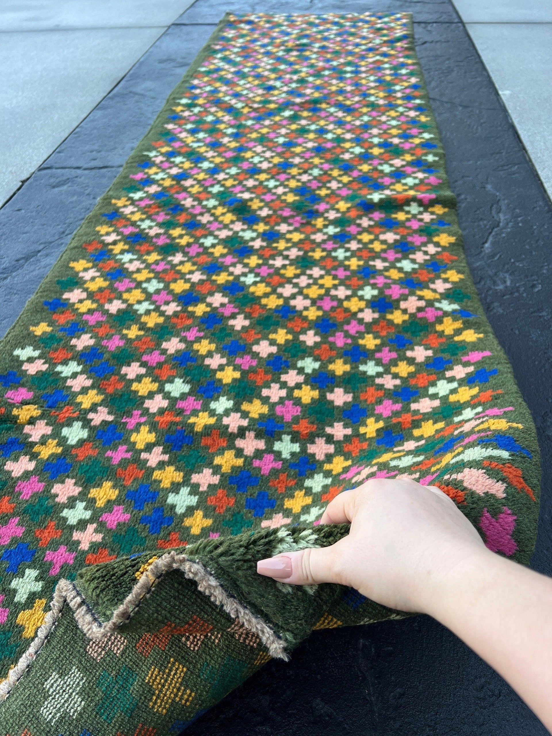 3x10 (90x305) Handmade Vintage Baluch Afghan Runner Rug | Forest Green Rose Pink Chocolate Brown Blush Pink Turquoise Blue Teal Hand Knotted