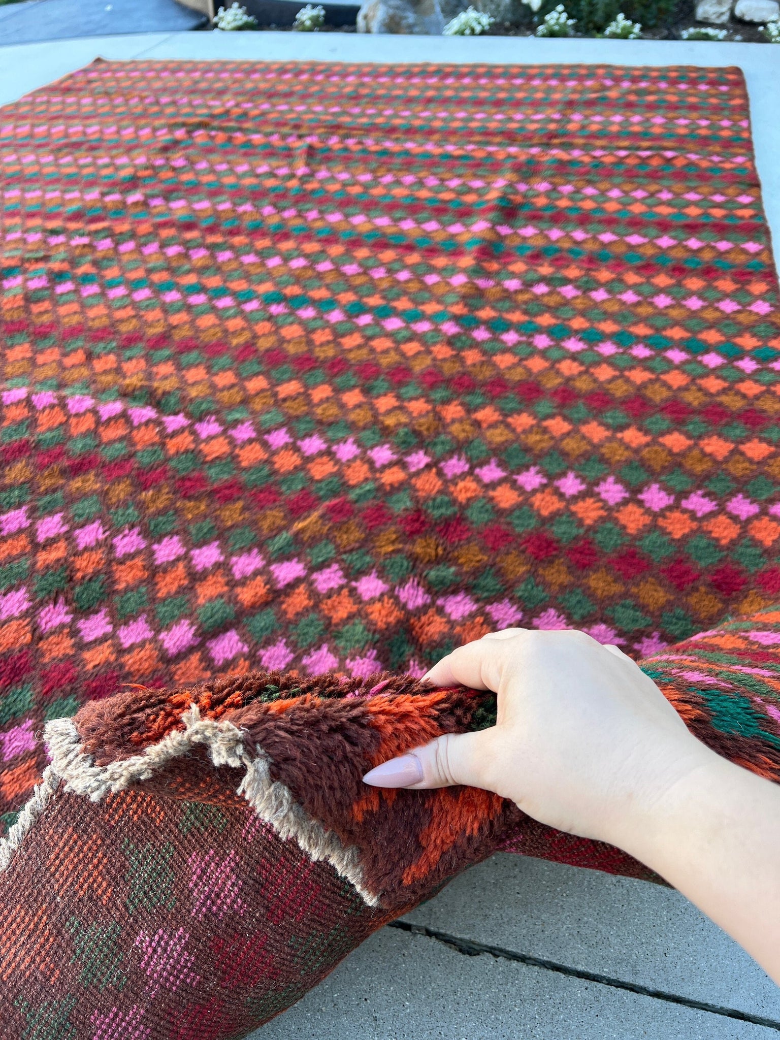 7x10 (215x305) Handmade Vintage Baluch Afghan Rug | Purple Mauve Auburn Chocolate Rose Pink Orange Pine Moss Green Taupe | Geometric Wool