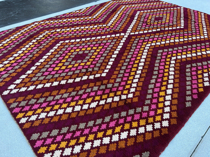 7x10 (215x305) Handmade Vintage Baluch Afghan Rug | Crimson Wine Red Taupe Ivory Eggplant Purple Rose Pink Gold Grey | Geometric Wool