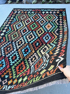 6x8 (180x245) Handmade Afghan Kilim Rug | Black Burnt Orange Sky Denim Blue Cream Beige Turquoise Taupe Red Grey Lime Green | Flatweave Wool