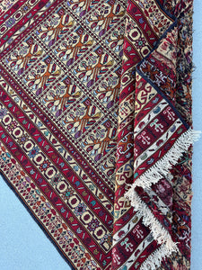 4x7 Handmade Vintage Soumak Afghan Rug | Crimson Red Cream Beige Mahogany Baby Blue Black Turquoise Ivory Purple Taupe Burnt Orange | Wool