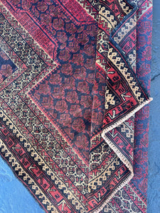 3x5 (100x180) Vintage Handmade Afghan Baluchi Rug | Crimson Red Chocolate Brown Taupe Black Cream Beige | Hand Knotted Turkish Persian