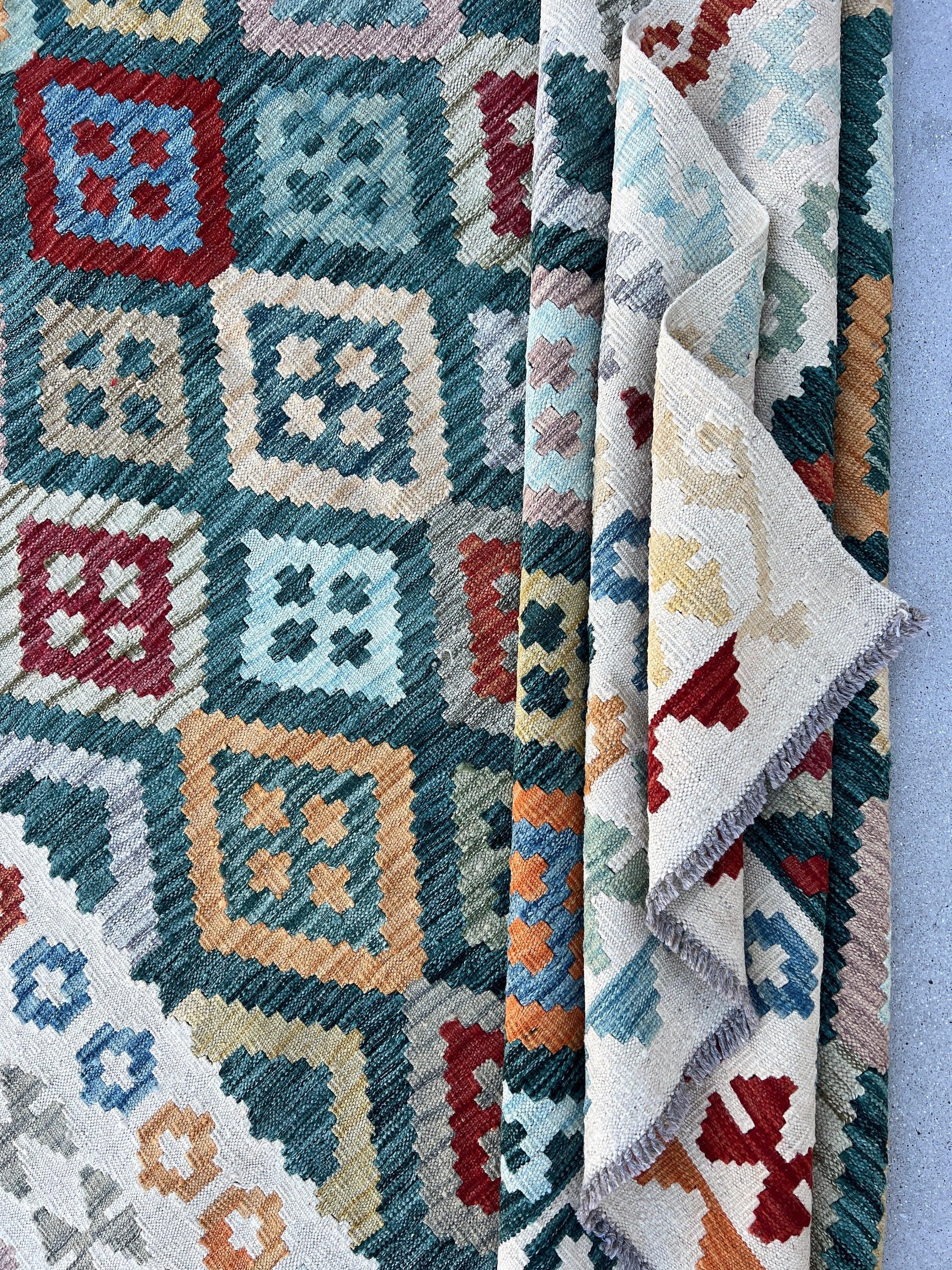 7x10 (215x305) Handmade Afghan Kilim Rug | Teal Olive Light Blue Grey Purple Rust Orange Garnet Red Taupe Orange Cream Beige Denim Blue Wool