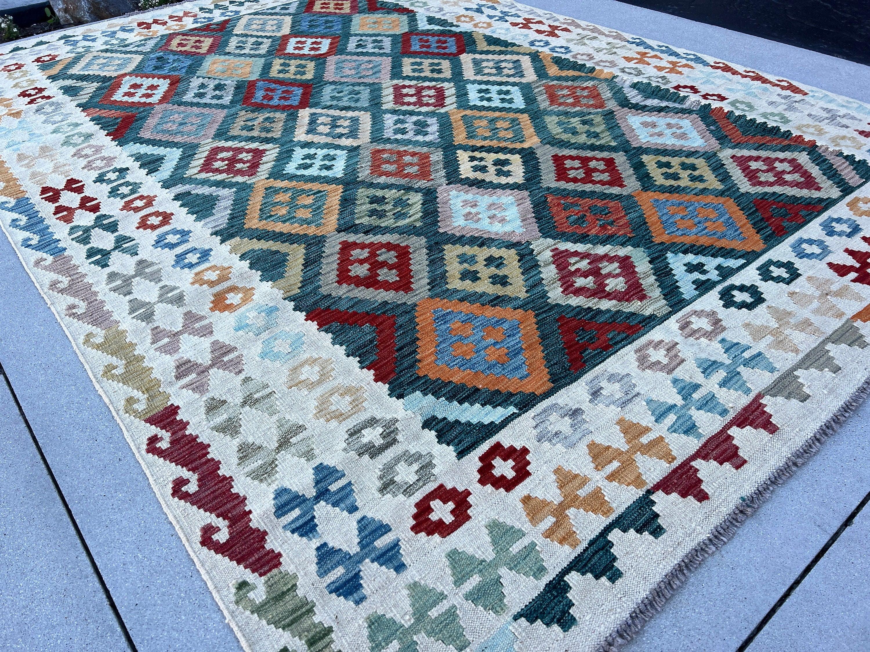 7x10 (215x305) Handmade Afghan Kilim Rug | Teal Olive Light Blue Grey Purple Rust Orange Garnet Red Taupe Orange Cream Beige Denim Blue Wool