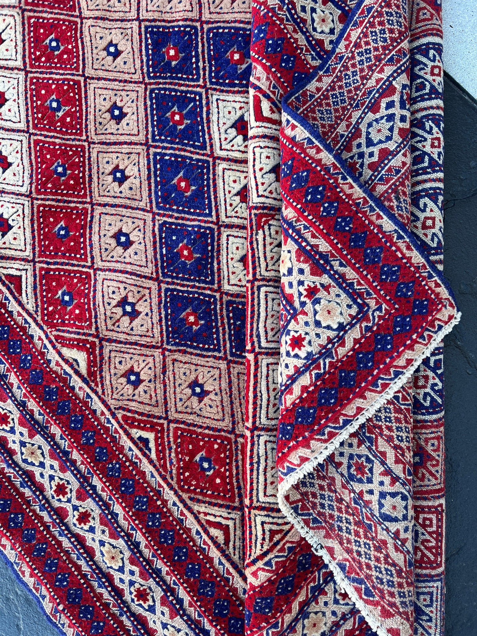 5x6 (150x180) Handmade Afghan Rug | Navy Blue Cream Beige Brick Red Taupe Ivory | Hand Knotted Geometric Turkish Barjasta Bohemian Wool