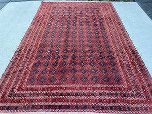 7x10 (215x305) Fair Trade Handmade Afghan Rug | Brick Red Navy Blue Moss Taupe Cream Beige | Hand Knotted Wool Bohemian Geometric