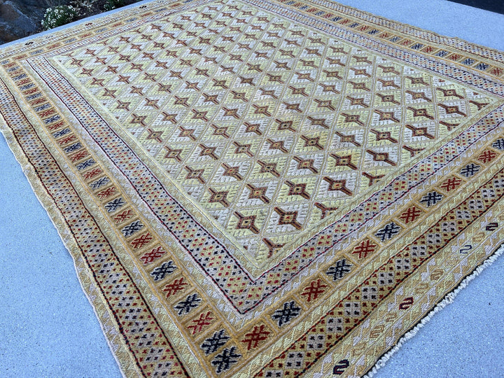 5x6 (150x180) Handmade Afghan Rug | Tan Cream Beige Black Crimson Red Midnight Blue Mustard Yellow Taupe Hand Knotted Geometric Turkish Woo