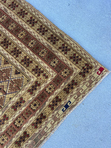 5x7 (150x215) Fair Trade Handmade Afghan Rug | Taupe Chocolate Cream Beige Crimson Red Midnight Blue Tan Cornsilk | Hand Knotted Geometric