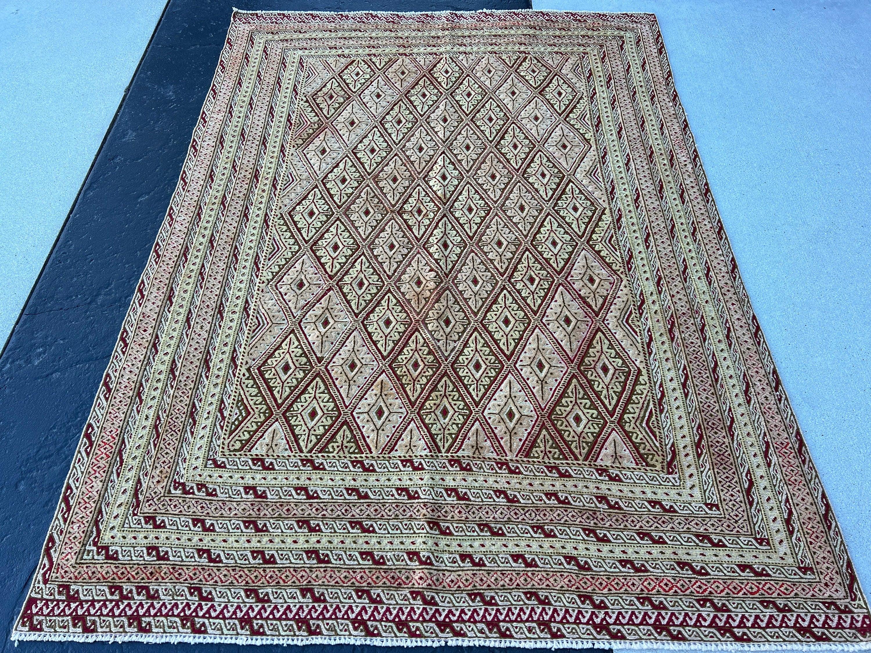 5x7 (150x215) Fair Trade Handmade Afghan Rug | Taupe Cream Beige Chocolate Crimson Red Moss Green Tan Cornsilk | Hand Knotted Geometric Wool