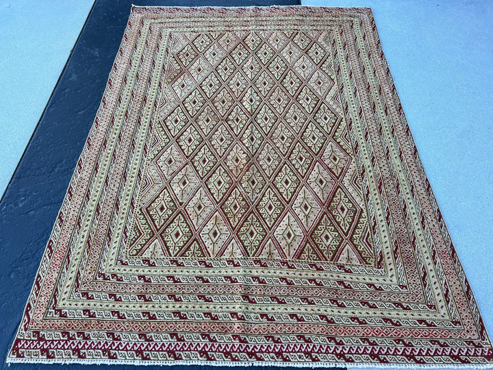 5x7 (150x215) Fair Trade Handmade Afghan Rug | Taupe Cream Beige Chocolate Crimson Red Moss Green Tan Cornsilk | Hand Knotted Geometric Wool