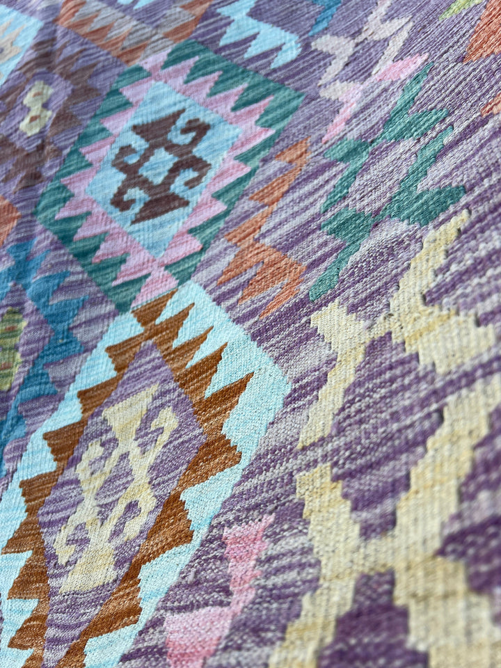 7x10 (215x305) Handmade Afghan Kilim Rug | Purple Olive Teal Rust Orange Denim Blue Taupe Blush Pink Grey Chocolate Sky Blue Geometric Wool