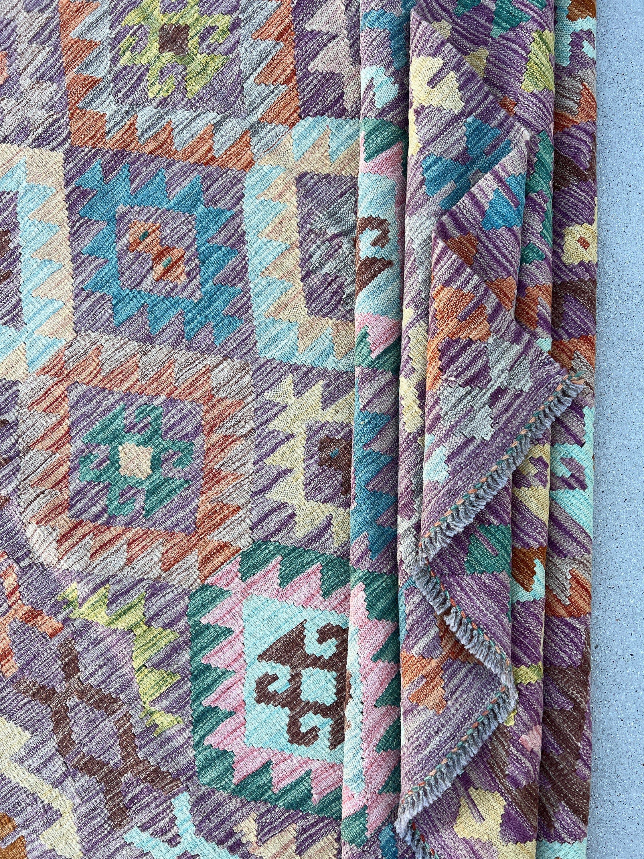 7x10 (215x305) Handmade Afghan Kilim Rug | Purple Olive Teal Rust Orange Denim Blue Taupe Blush Pink Grey Chocolate Sky Blue Geometric Wool