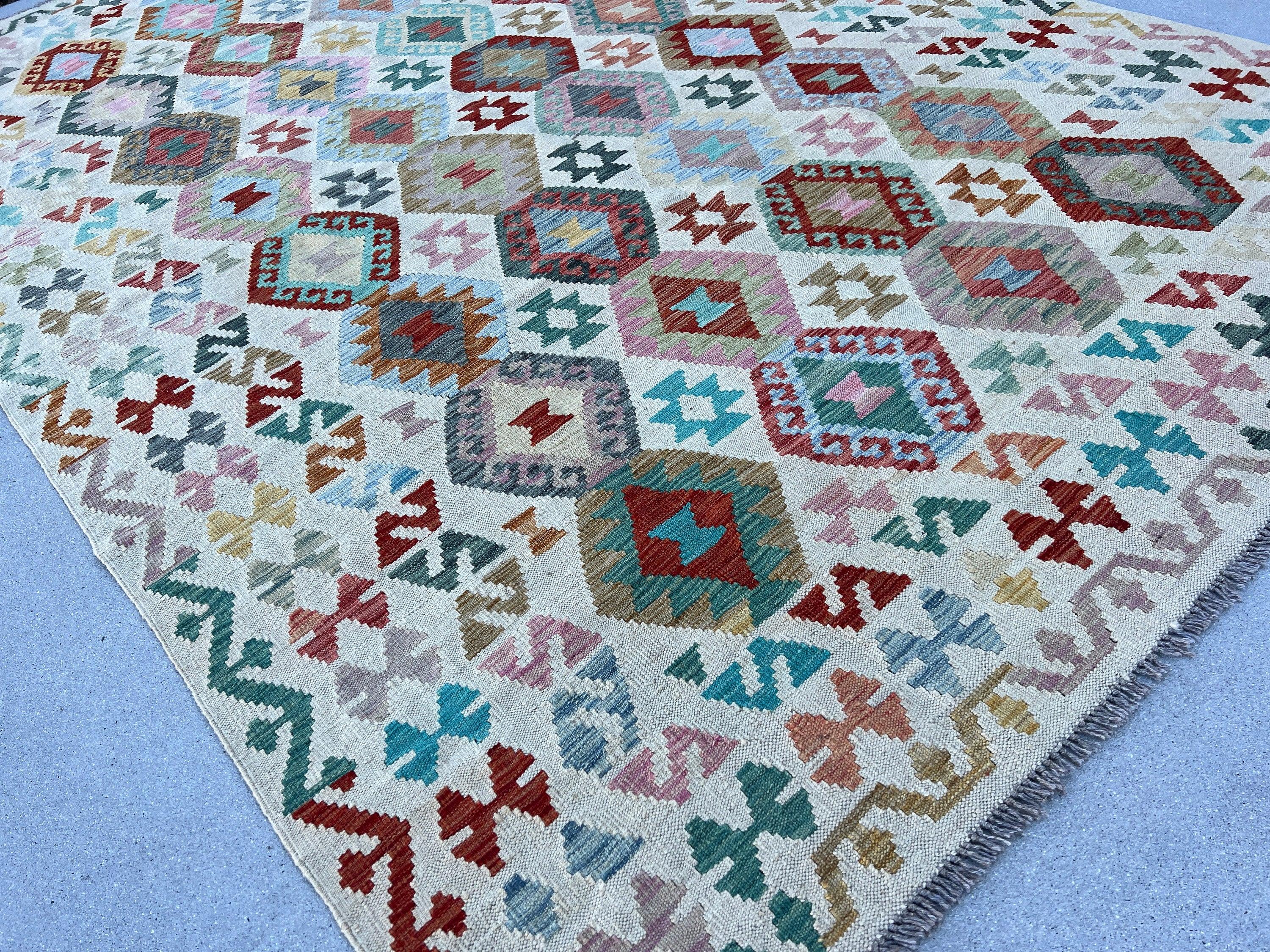 7x10 (215x305) Handmade Afghan Kilim Rug | Teal Olive Light Blue Grey Blush Pink Rust Orange Garnet Red Taupe Cream Beige Denim Blue | Wool