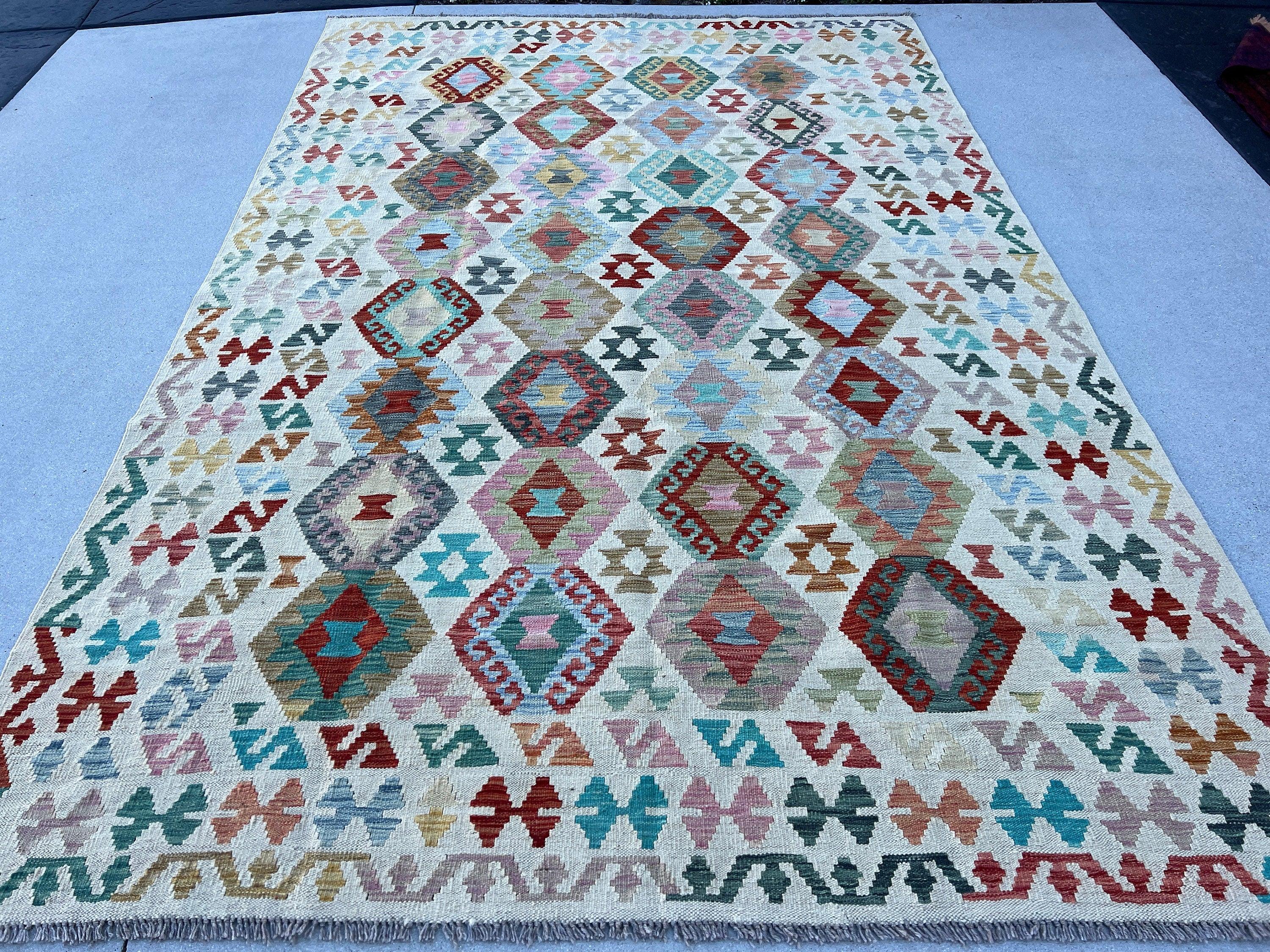 7x10 (215x305) Handmade Afghan Kilim Rug | Teal Olive Light Blue Grey Blush Pink Rust Orange Garnet Red Taupe Cream Beige Denim Blue | Wool