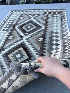 4x5 (150x120) Handmade Afghan Kilim Rug | Grey Gray Ivory Cream | Hand Knotted Oriental Persian Turkish Bohemian Geometric