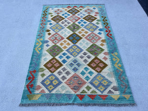 3x5 (100x180) Handmade Afghan Kilim Rug | Turquoise Olive Green Sky Blue Cream Beige Lime Green Grey Salmon Pink Taupe | Hand Knotted Wool