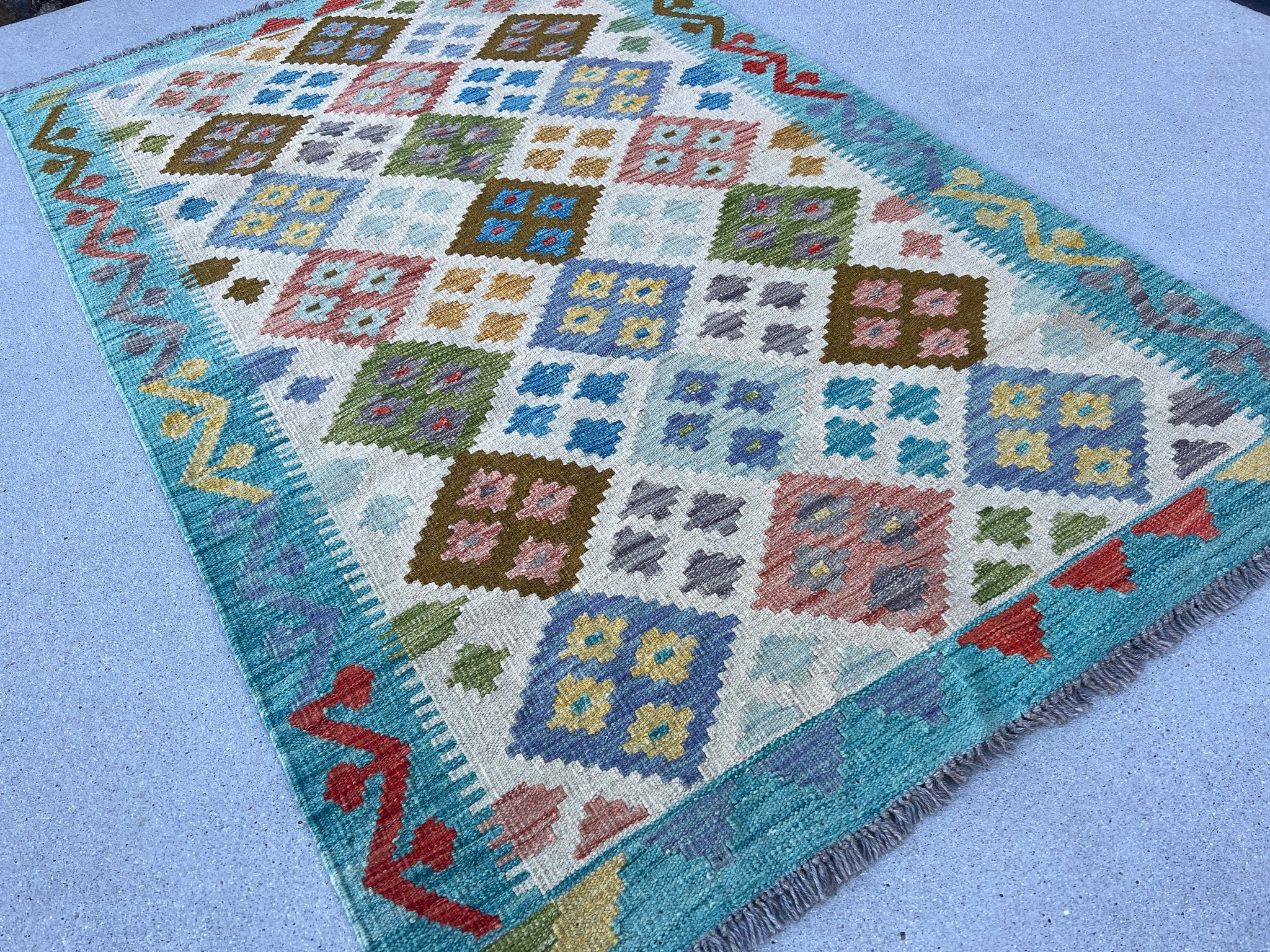 3x5 (100x180) Handmade Afghan Kilim Rug | Turquoise Olive Green Sky Blue Cream Beige Lime Green Grey Salmon Pink Taupe | Hand Knotted Wool