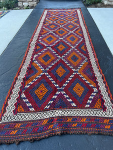 2x10~3x10 (90x335) Handmade Afghan Kilim Runner Rug | Blood Red Navy Blue Purple Orange Black Ivory Charcoal Black | Hand Knotted Geometric