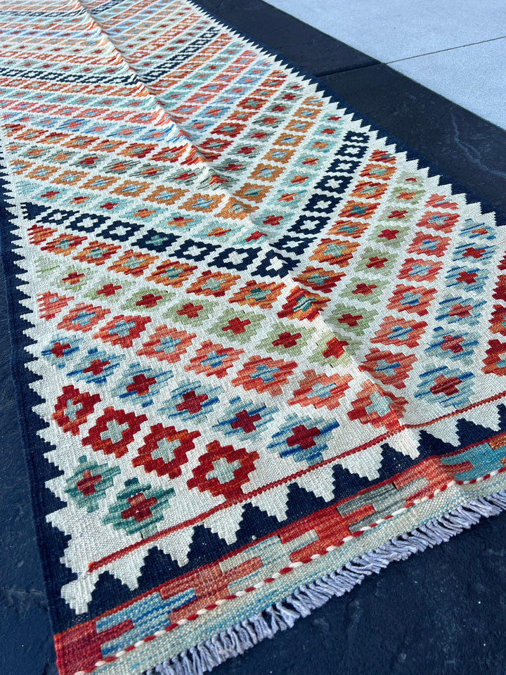 3x13 (90x395) Handmade Afghan Kilim Runner Rug | Olive Navy Sky Blue Burnt Orange Cream Beige Taupe Midnight Blue | Hand Knotted Geometric