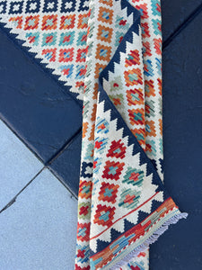 3x13 (90x395) Handmade Afghan Kilim Runner Rug | Olive Navy Sky Blue Burnt Orange Cream Beige Taupe Midnight Blue | Hand Knotted Geometric