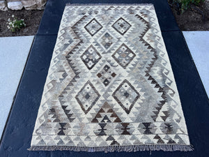 3x4 (90x120) Handmade Afghan Kilim Rug | Grey Ivory | Hand Knotted Oriental Persian Geometric Wool