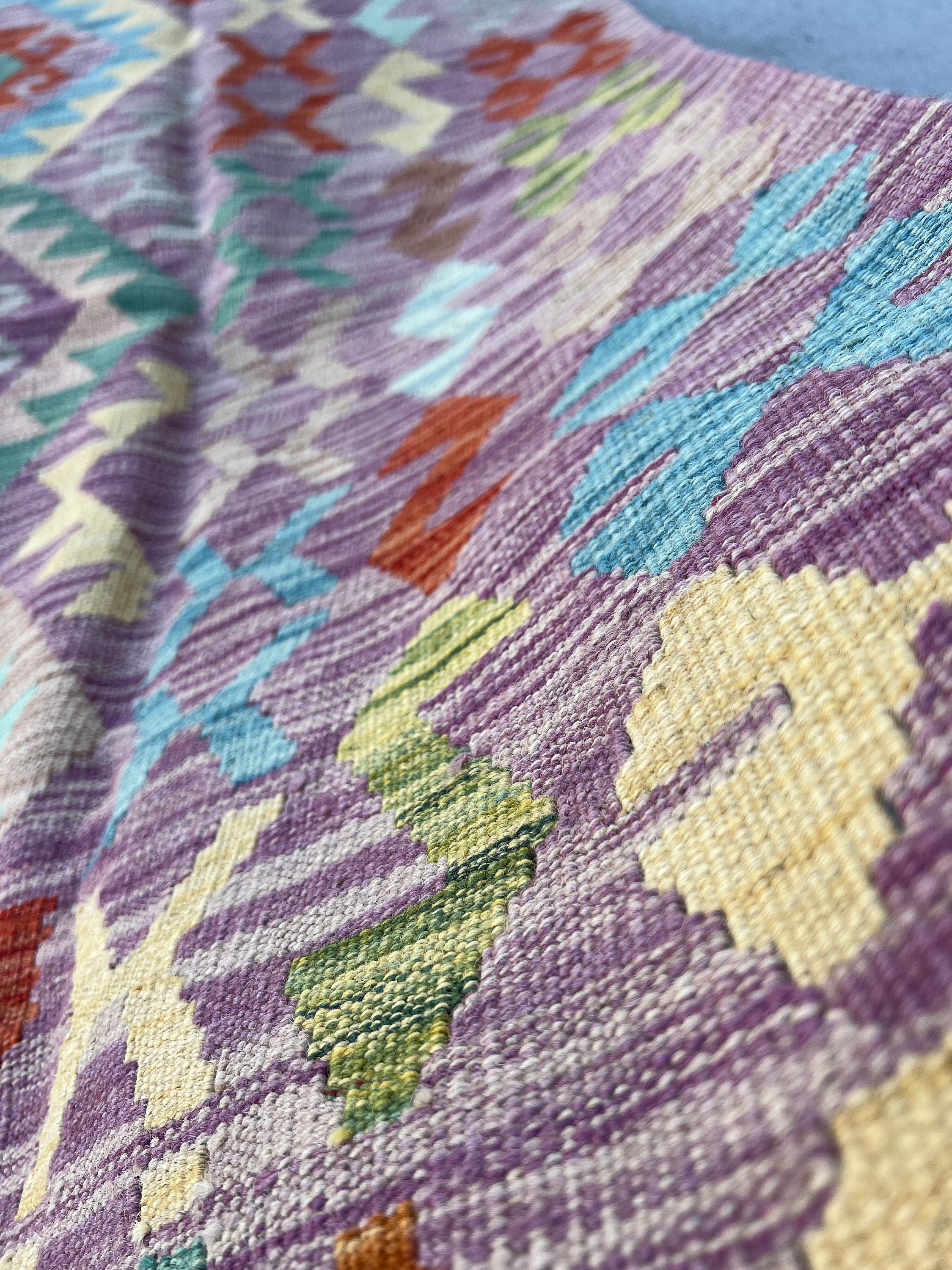 7x10 (215x305) Handmade Afghan Kilim Rug | Purple Olive Teal Rust Orange Denim Blue Taupe Blush Pink Grey Chocolate Sky Blue Geometric Wool