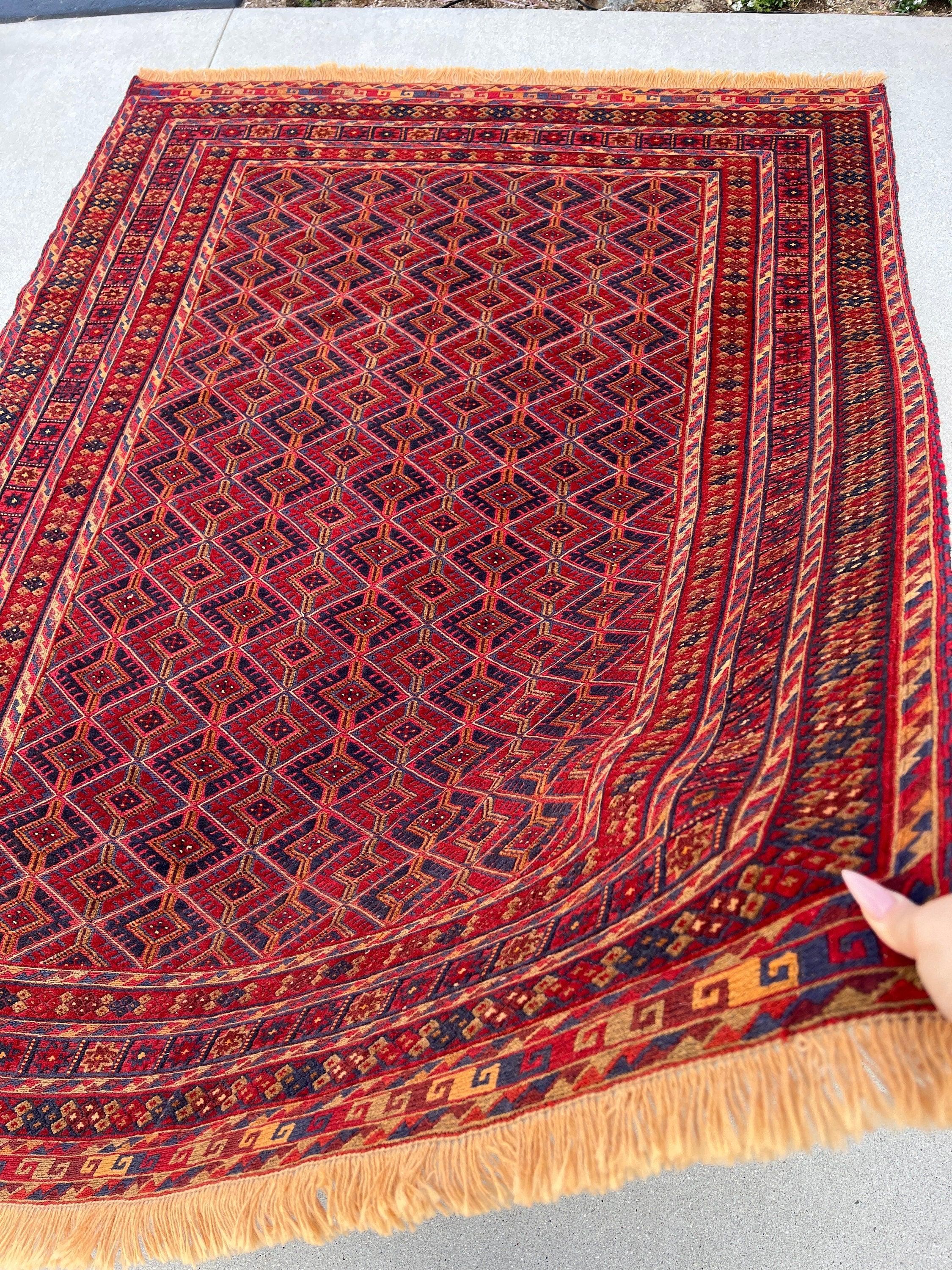 5x7 (150x215) Fair Trade Handmade Afghan Rug | Cherry Red Black Taupe Orange Crimson Red Midnight Blue | Hand Knotted Geometric Turkish Wool