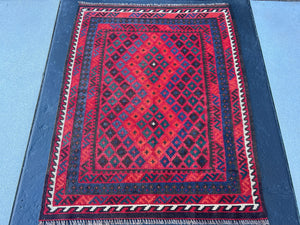 3x4 90x120 Handmade Vintage Afghan Rug Orange Black Red 