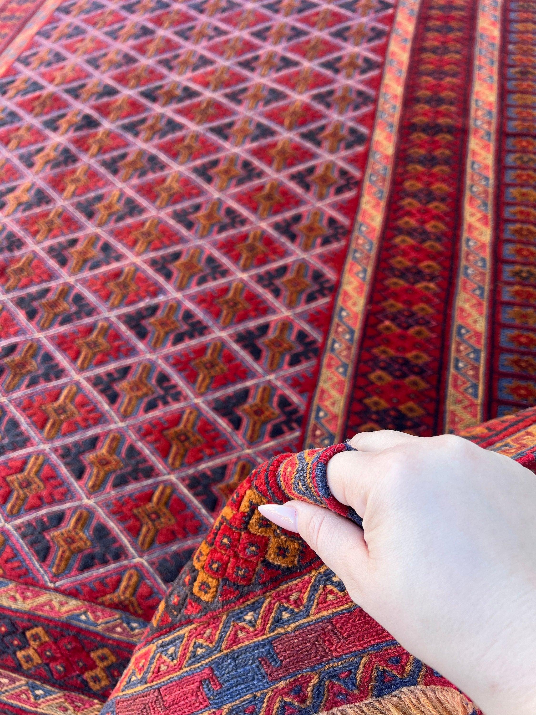 5x7 (150x200) Handmade Afghan Rug | Brick Auburn Crimson Red Midnight Blue Burnt Orange Taupe Crimson Red Hand Knotted Persian Turkish Wool