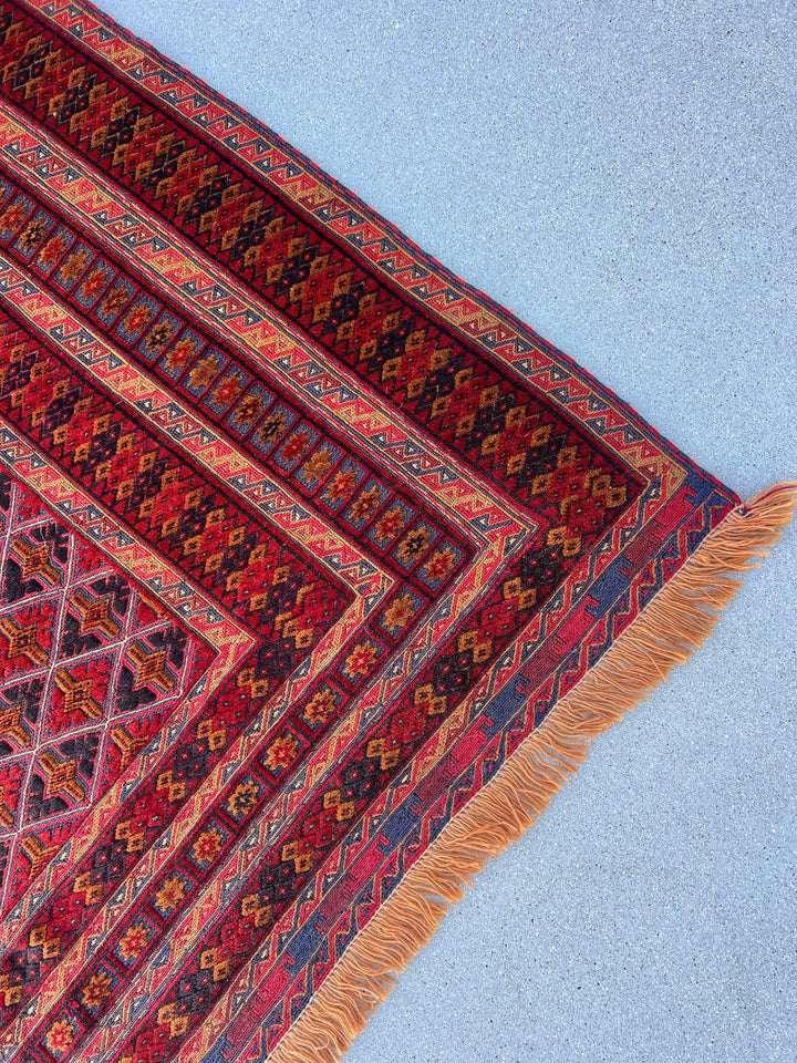 5x7 (150x200) Handmade Afghan Rug | Brick Auburn Crimson Red Midnight Blue Burnt Orange Taupe Crimson Red Hand Knotted Persian Turkish Wool