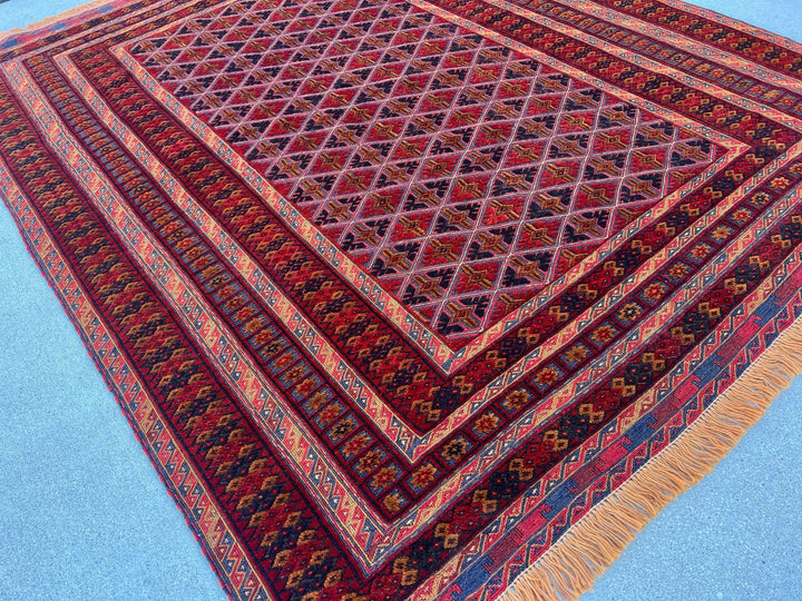 5x7 (150x200) Handmade Afghan Rug | Brick Auburn Crimson Red Midnight Blue Burnt Orange Taupe Crimson Red Hand Knotted Persian Turkish Wool