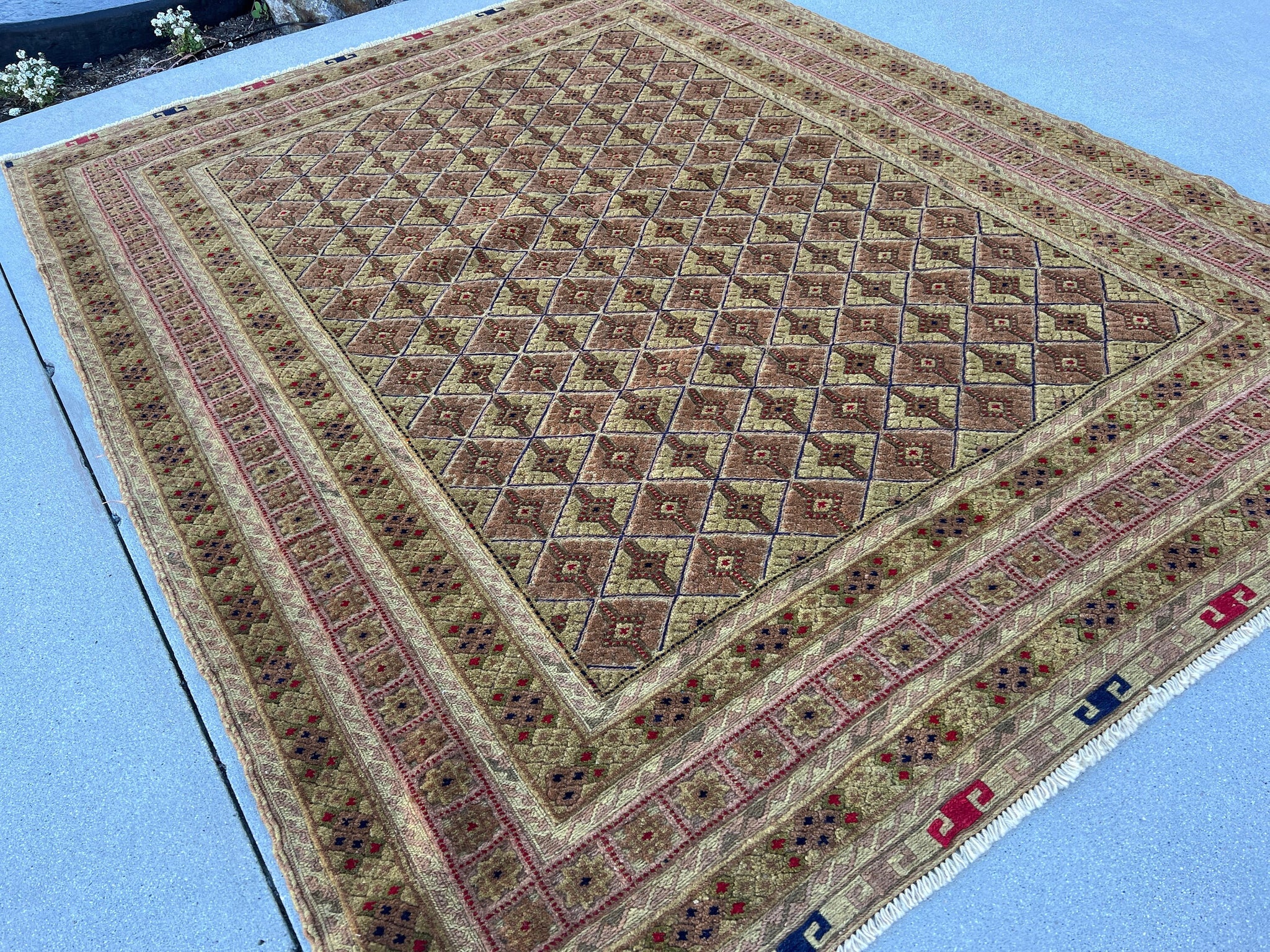 5x6 (150x180) Handmade Afghan Rug | Olive Green Crimson Red Chocolate Mocha Golden Brown Yellow | Hand Knotted Geometric Wool Persian