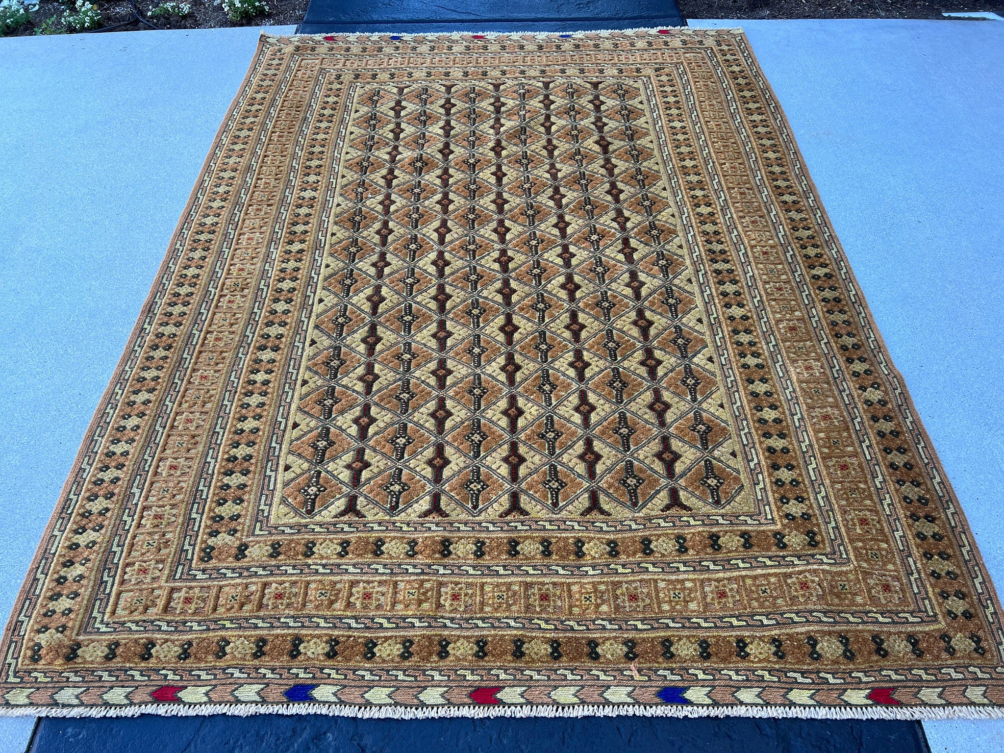 5x7 (150x200) Handmade Afghan Rug | Taupe Cream Beige Charcoal Grey Brick Red Navy Blue Moss Green Black | Geometric Hand Knotted Wool