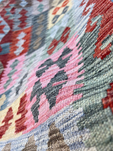 7x10 (215x305) Handmade Afghan Kilim Rug | Crimson Red Burnt Orange Rose Pink Teal Olive Green Mustard Yellow Grey Sky Blue Charcoal | Wool