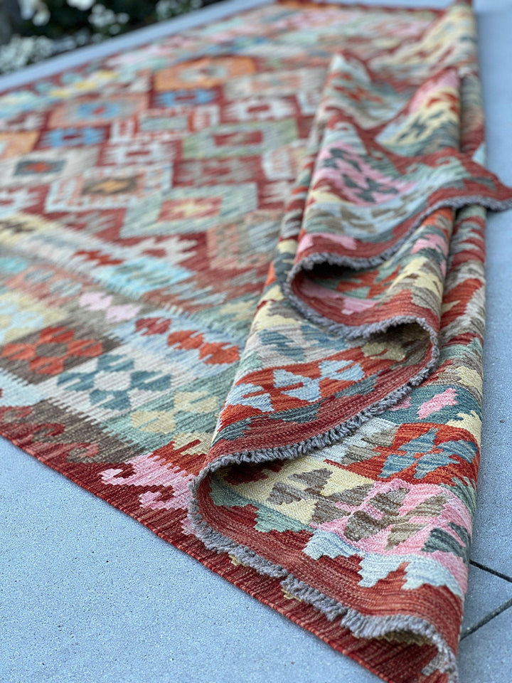 7x10 (215x305) Handmade Afghan Kilim Rug | Crimson Red Burnt Orange Rose Pink Teal Olive Green Mustard Yellow Grey Sky Blue Charcoal | Wool