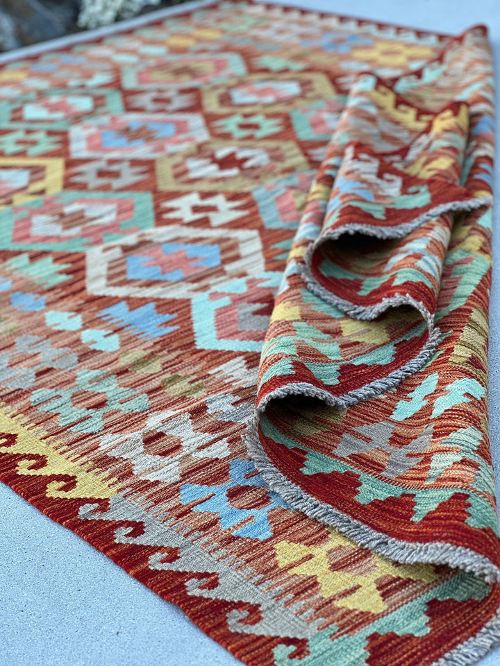 6x8 (180x245) Handmade Afghan Kilim Rug | Burnt Orange Denim Blue Turquoise Red Grey Sky Blue Moss Green | Flatweave Flat Woven Boho Outdoor