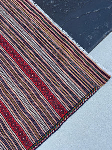 5x7 (150x215) Handmade Afghan Kilim Rug | Taupe Mocha Brown Red Navy Blue Pine Green Orange Ivory Yellow | Geometric Wool Persian Tribal