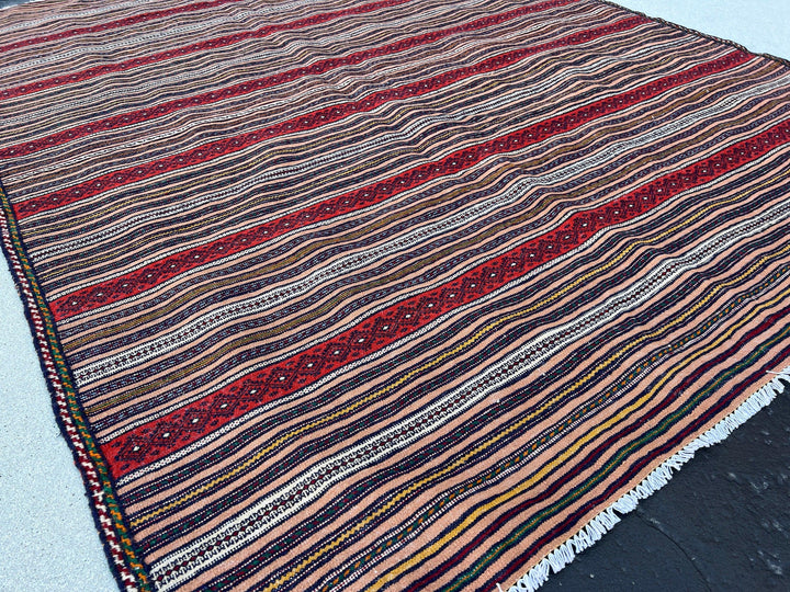 5x7 (150x215) Handmade Afghan Kilim Rug | Taupe Mocha Brown Red Navy Blue Pine Green Orange Ivory Yellow | Geometric Wool Persian Tribal