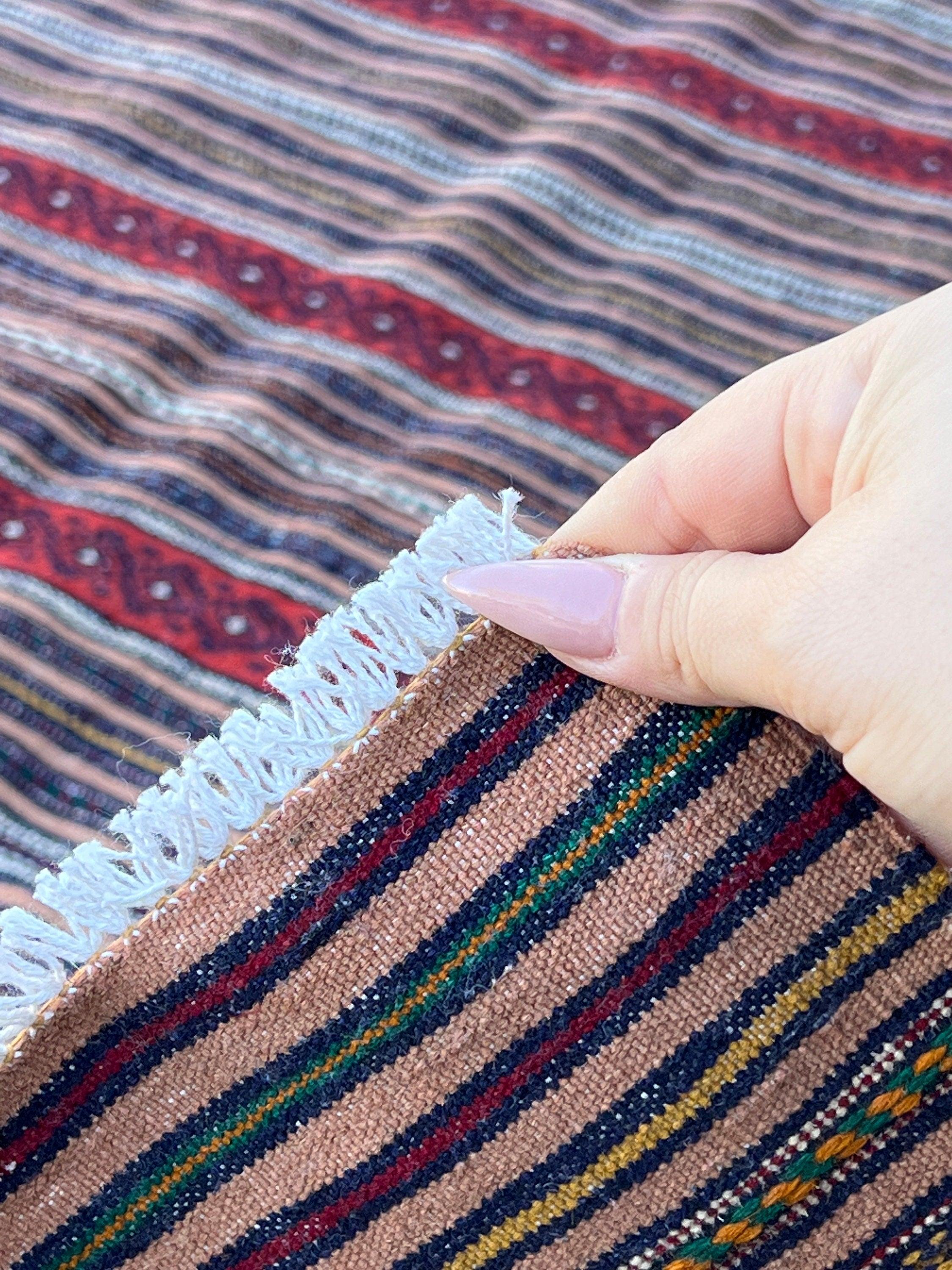 5x7 (150x215) Handmade Afghan Kilim Rug | Taupe Mocha Brown Red Navy Blue Pine Green Orange Ivory Yellow | Geometric Wool Persian Tribal