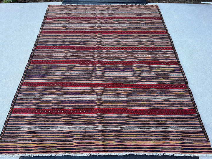 5x7 (150x215) Handmade Afghan Kilim Rug | Taupe Mocha Brown Red Navy Blue Pine Green Orange Ivory Yellow | Geometric Wool Persian Tribal