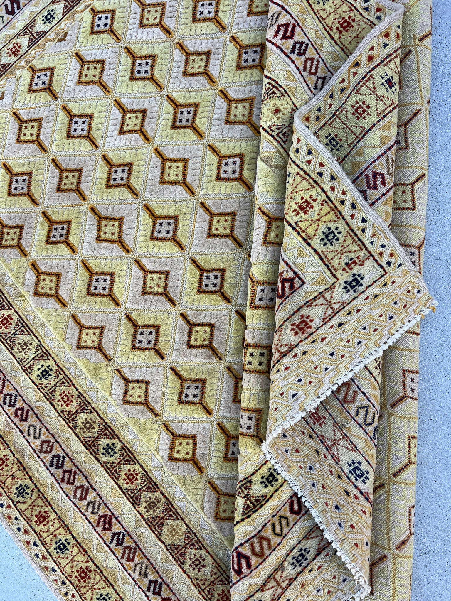 5x6 (150x180) Handmade Afghan Rug | Taupe Yellow Cornsilk Cream Beige Muted Brown Red Blue | Hand Knotted Geometric Turkish Wool
