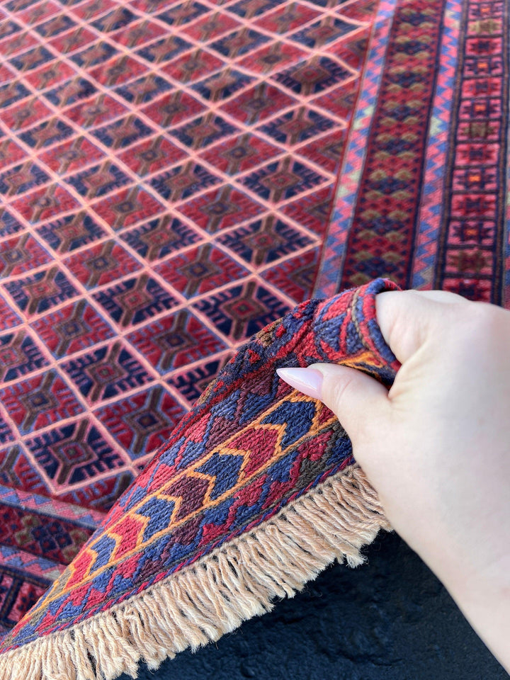 5x6 (150x180) Handmade Afghan Rug | Garnet Red Midnight Blue Olive Green Orange Wine Red Brown | Hand Knotted Geometric Turkish Wool