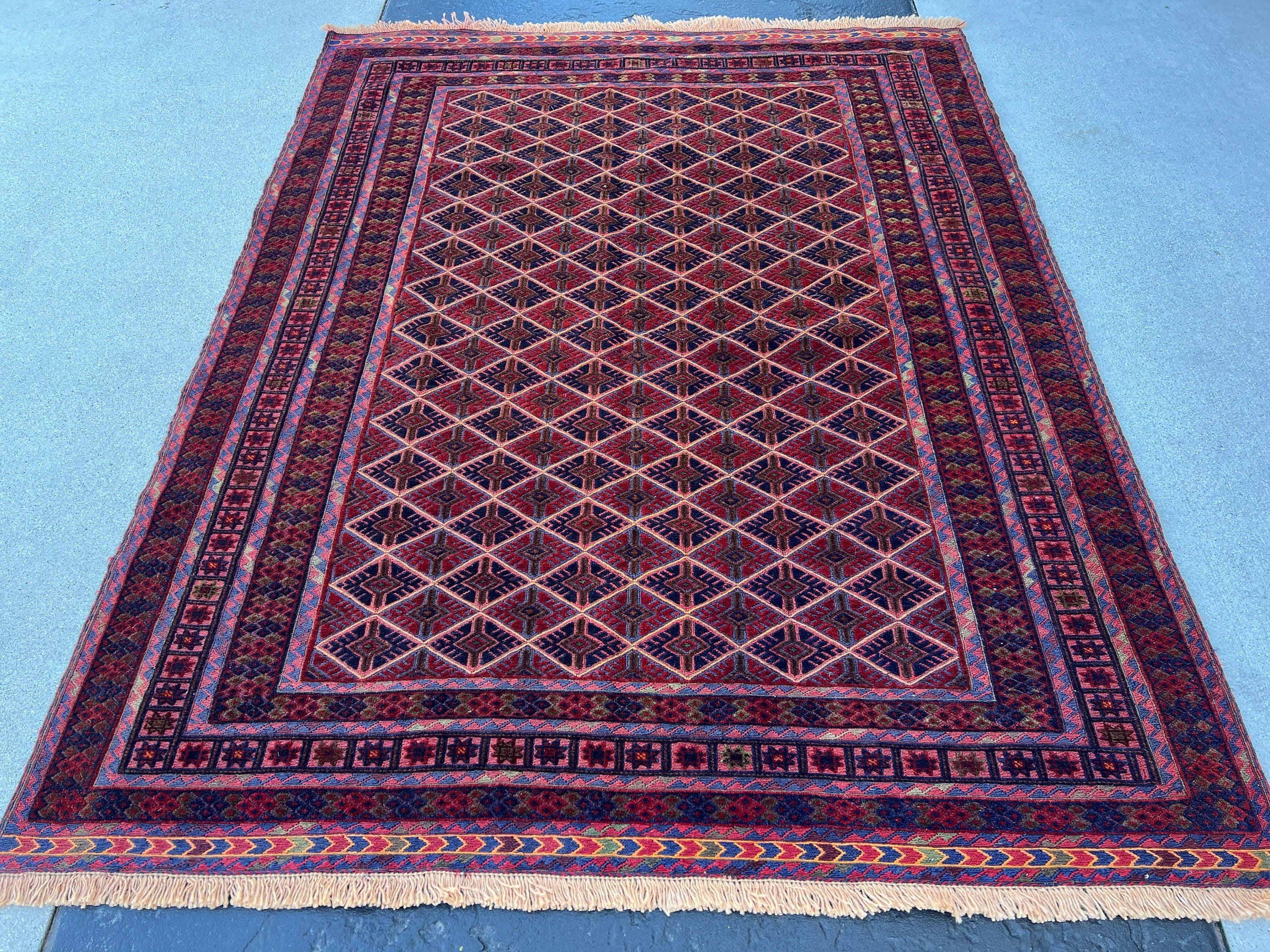 5x6 (150x180) Handmade Afghan Rug | Garnet Red Midnight Blue Olive Green Orange Wine Red Brown | Hand Knotted Geometric Turkish Wool