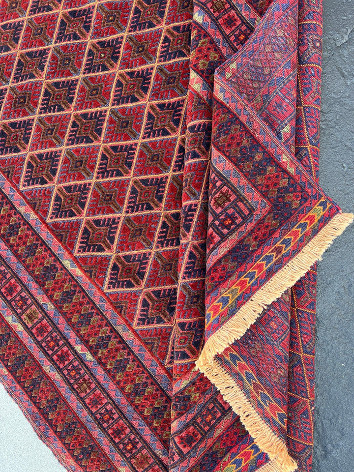 5x6 (150x180) Handmade Afghan Rug | Garnet Red Midnight Blue Olive Green Orange Wine Red Brown | Hand Knotted Geometric Turkish Wool