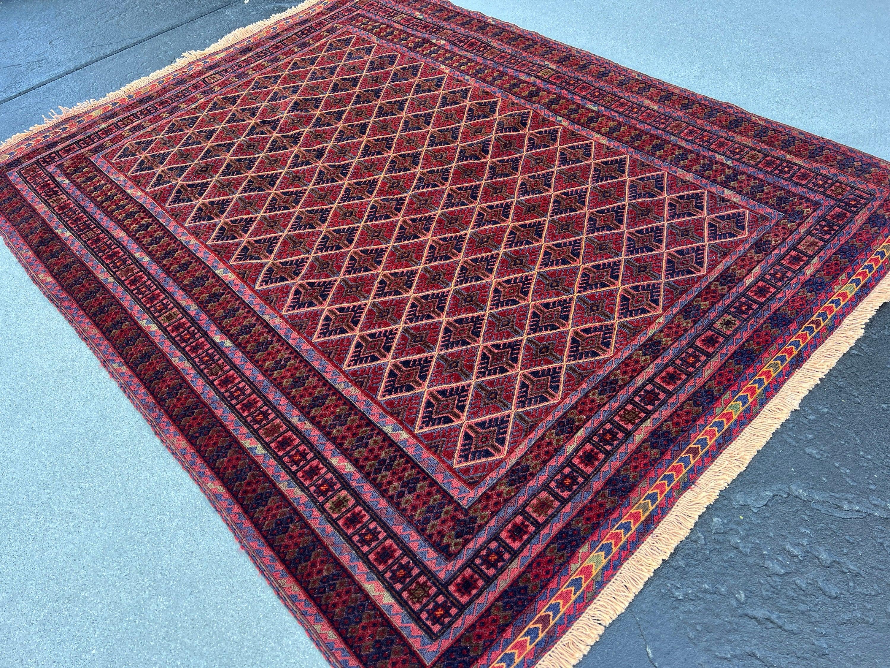 5x6 (150x180) Handmade Afghan Rug | Garnet Red Midnight Blue Olive Green Orange Wine Red Brown | Hand Knotted Geometric Turkish Wool