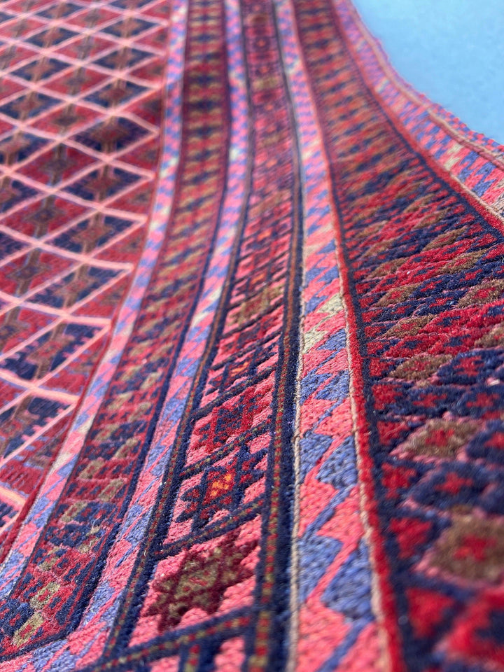 5x6 (150x180) Handmade Afghan Rug | Garnet Red Midnight Blue Olive Green Orange Wine Red Brown | Hand Knotted Geometric Turkish Wool